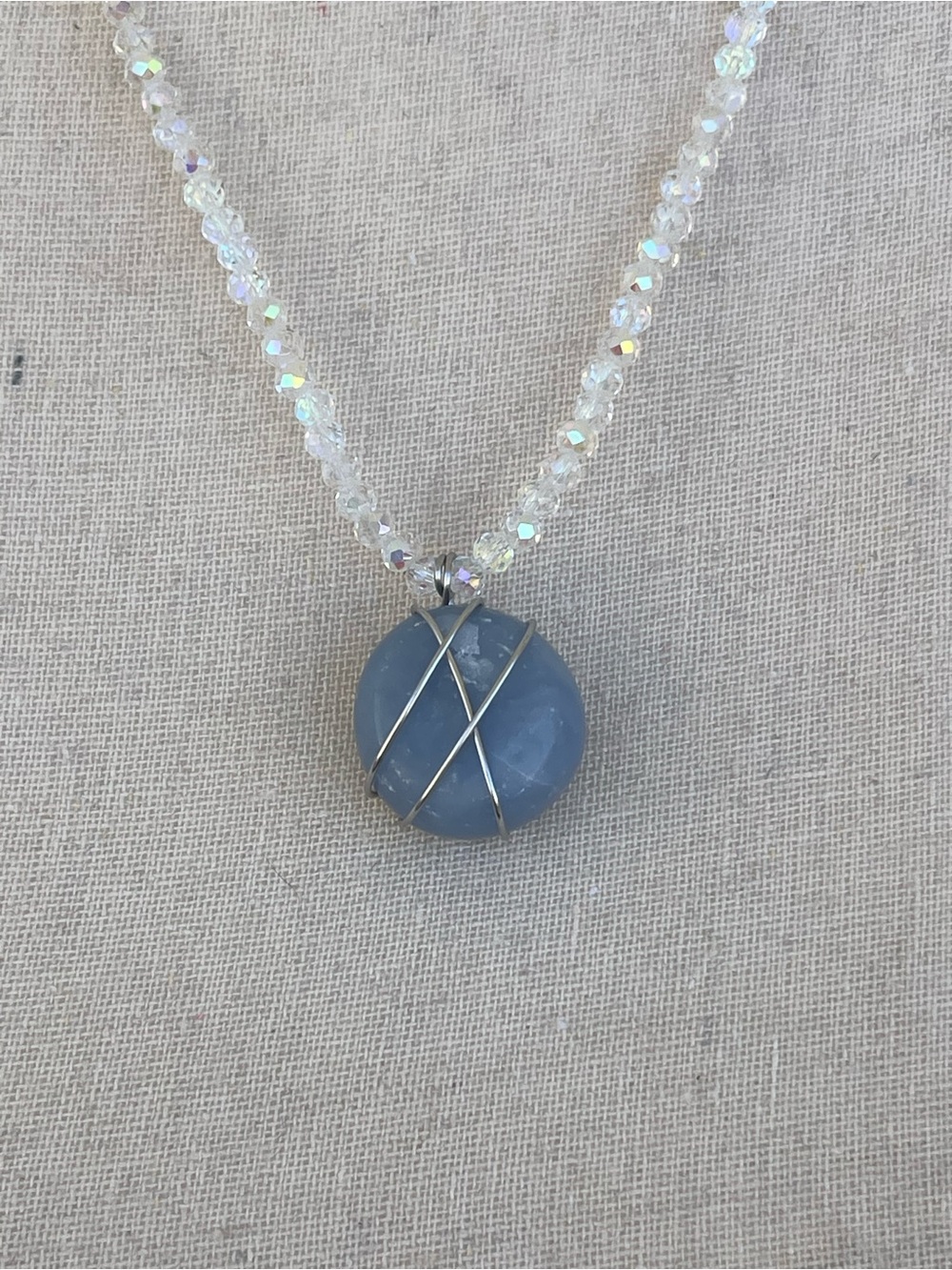 Blue Anhydrite Stainless Steel Sliver Wire Wrap Necklace White AB Glass Beads - Picture 4 of 5